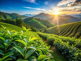 Fototapeta premium Fresh Green Tea Leaves in Lush Tea Plantations of Chiang Rai, Thailand: A Serene and Vibrant Landscape Showcasing Nature’s Bounty and the Art of Tea Cultivation