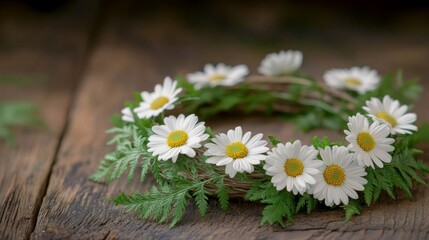 Obraz premium Daisies arranged in a wreath on rustic wood