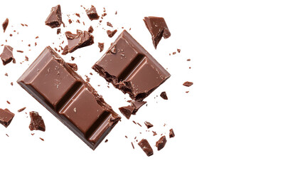 Delicious broken chocolate bar with crumbs. transparent background