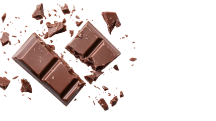 Delicious broken chocolate bar with crumbs. transparent background