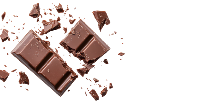 Delicious broken chocolate bar with crumbs. transparent background