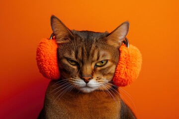 Grumpy brown tabby cat wearing orange earmuffs against orange background.