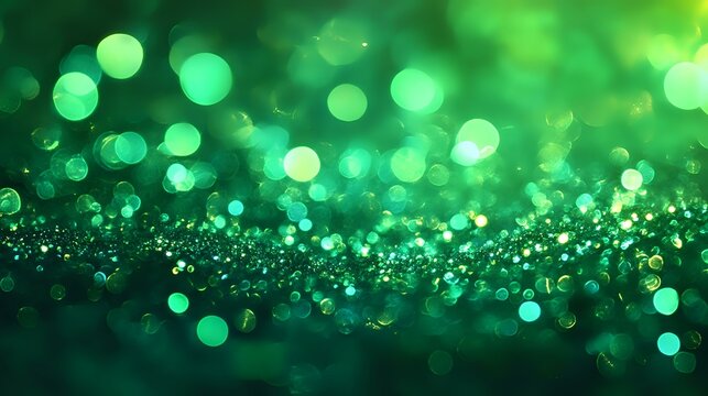 Glittering emerald light with radiant bokeh glowing in a lush forest grove, a magical aura filling the air
