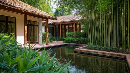 Obraz premium Serene Garden with Pond and Bamboo Surroundings