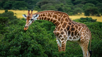Obraz premium Graceful Giraffe Grazing on Lush Green Foliage