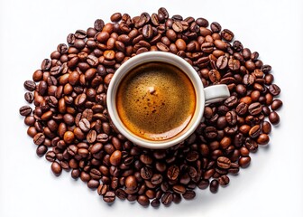 Obraz premium Freshly Brewed Cup of Coffee Surrounded by Roasted Coffee Beans on a Crisp White Background for Culinary and Beverage Photography