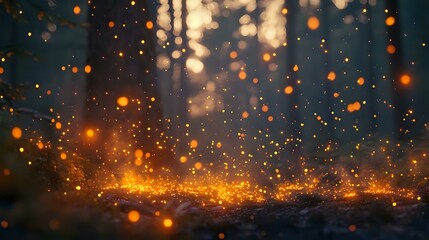 Glittering orange embers with vibrant bokeh floating up from a forest bonfire under the stars
