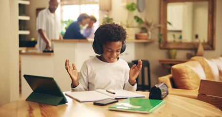 Excited, home and child with headphones, celebration and boy with info, education and studying for...