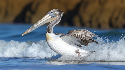 A pelican gracefully navigates the waves, its wings catching the light as it glides near the shore