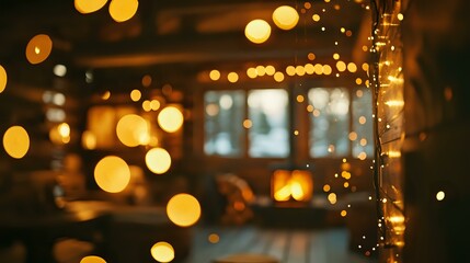 Glittering soft yellow lights with warm bokeh in a rustic cabin, logs crackling in a glowing fireplace