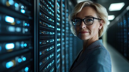 A confident woman with stylish glasses poses in a high-tech data center, illuminated by blue lights