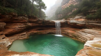 Naklejka premium A gentle waterfall flows into a crystal-clear pool, framed by rocky cliffs and surrounding trees