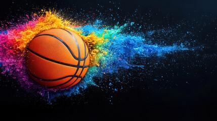 Fototapeta premium A basketball bursts through a splatter of vivid colors, showcasing energy and excitement in sports