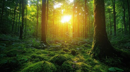 Fototapeta premium Sunbeams illuminate lush green forest floor.