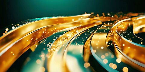 Luxurious golden curved lines with sparkling particles on a dark green background