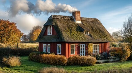 Obraz premium Charming Thatched-Roof Cottage in Autumnal Landscape