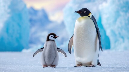Fototapeta premium Young Penguin Waddling Toward Its Parent in Snowy Landscape