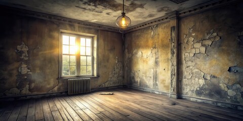 Obraz premium A Sunlit Corner in an Abandoned Room with Peeling Walls and a Hanging Light Fixture