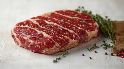 Obraz premium Freshly cut marbled beef steak placed on a rustic wooden board with aromatic herbs