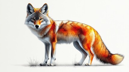 Fototapeta premium A stunning fox with orange and white fur confidently gazes ahead while standing on green grass