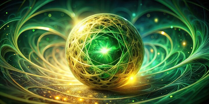 A glowing green orb encased in intricate golden threads, nestled within a swirling vortex of emerald energy