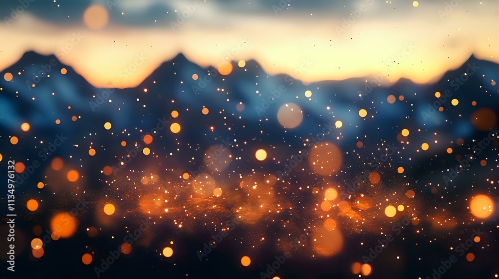 Canvas Prints glittering orange sparks with glowing bokeh spiraling from a campfire, a serene mountain backdrop un