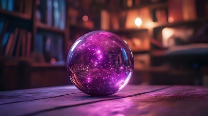 Glittering magenta sparkles with elegant bokeh swirling around a mystic orb in a dimly lit study