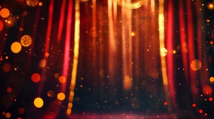 Glittering red and gold lights with dreamy bokeh adorning an opulent theater stage, curtains drawn for a grand performance