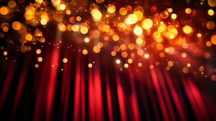 Glittering red and gold lights with dreamy bokeh adorning an opulent theater stage, curtains drawn for a grand performance