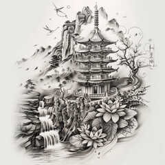 Traditional Chinese temple Tattoo idea sketch