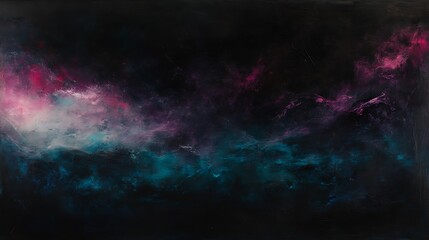 A dark, moody composition with deep blacks, electric blues, and soft pinks swirling together, layered with grainy noise for a grungy, textured feel.