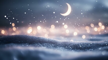 Naklejka premium Glittering white lights with ethereal bokeh dancing across a snowy landscape under a crescent moon