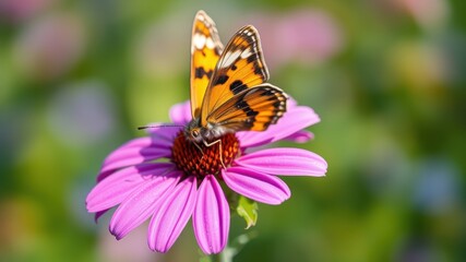Obraz premium A delicate orange and black butterfly rests on a vibrant pink flower with a blurred green background.