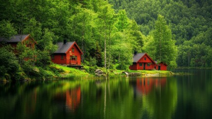 Fototapeta premium Red Cabins by a Serene Lake in a Lush Forest