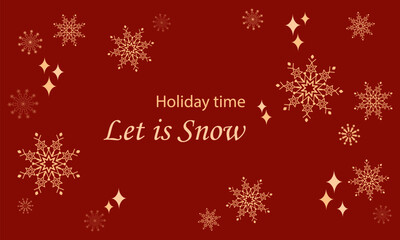 Bright festive burgundy background with gorgeous gold snowflakes and lettering. Vector stylish flat style banner with space for copying
