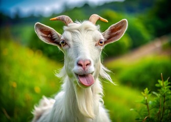 Obraz premium Funny White Goat Portrait with Tongue Out in Pasture - Long Exposure Photography Capturing Playful Nature and Charming Expressions of Farm Animals