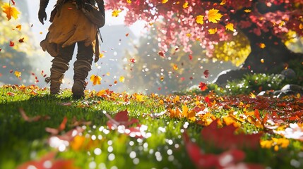 Person walking in autumn forest, leaves falling.