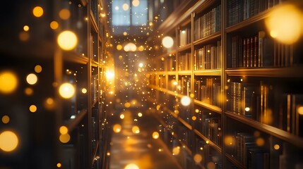 Glittering golden lights with soft bokeh illuminating a peaceful library, bookshelves stretching endlessly - Powered by Adobe