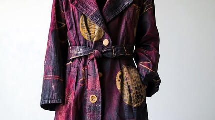Abstract Patterned Purple and Gold Coat with Belt and Buttons