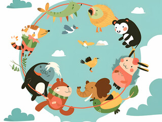 Obraz premium Circle of Friends: A Whimsical Adventure with Joyful Animals in the Sky