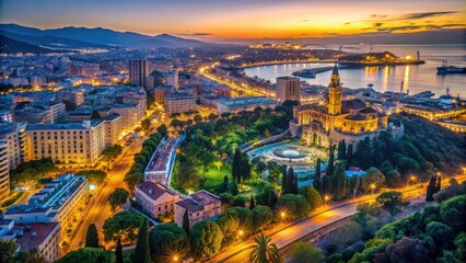 Obraz premium Aerial View of Malaga City Lights at Night - Stunning Candid Photography of Urban Landscape, Nightlife, and Vibrant Illuminations Over Malaga's Historic Architecture and Coastal Beauty