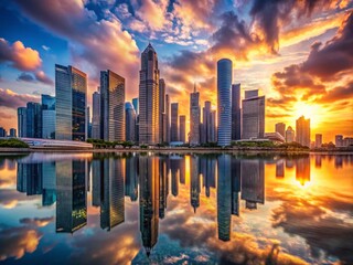 Fototapeta premium Futuristic City Landscape Featuring Sleek Skyscrapers Under a Vibrant Sunset Sky with Reflections on a Serene Water Surface Enhancing the Urban Aesthetic of Tomorrow's Architecture