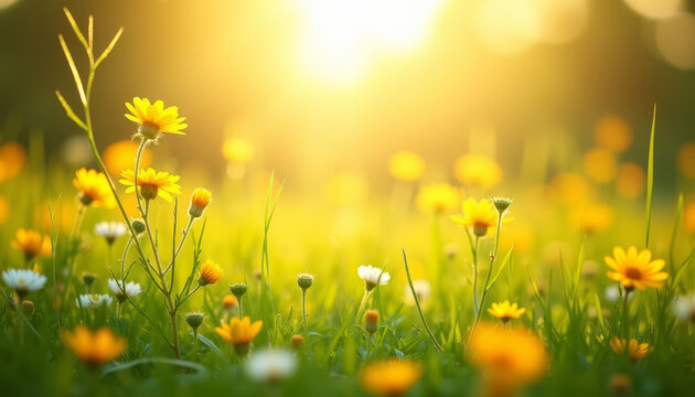 Bright yellow flowers blooming in sunny meadow with warm sunlight and soft focus background - Powered by Adobe