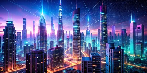 Fototapeta premium Futuristic Cityscape: A Stunning 3D Render of a Smart City with Particle-Based Skyscrapers and a Breathtaking Cyberspace Atmosphere for Modern Urban Living Concepts
