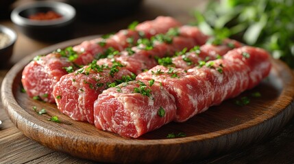 Obraz premium Succulent beef rolls with fresh herbs await grilling for a tasty feast