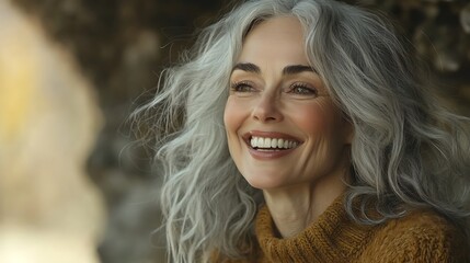 A stunning woman in her 50s, radiating warmth and confidence with her silver-gray hair softly framing her face. 