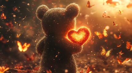 A Glowing Bear Holding a Heart Amidst a Swarm of Butterflies