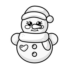 Cute kawaii outline snowman with beanie in full height isolated on white background. Vector illustration of coloring page, coloring book