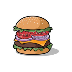 A large cheeseburger with a sesame seed bun, beef patty, cheese, lettuce, tomato, and onion