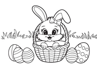 Adorable Easter bunny in a basket with decorated eggs, perfect for coloring pages and festive designs